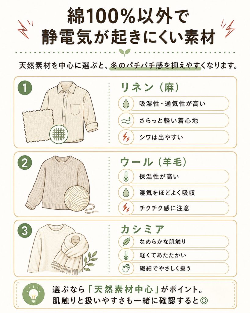 【綿100%以外】静電気が起きにくい素材