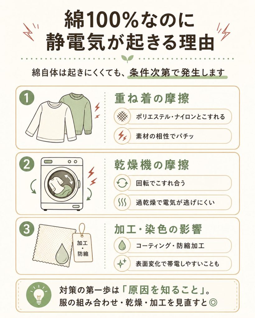 綿100%なのに静電気が起きる理由
